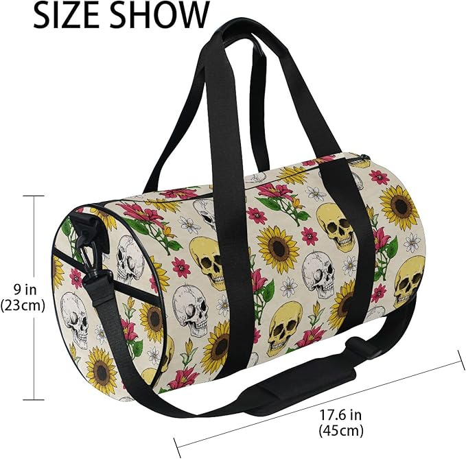 MNSRUU Sports Duffel Bags, Gothic Skull Sunflower Athletic Gym Bag Overnight Workout Travel Tote Luggage for Men Women Yoga