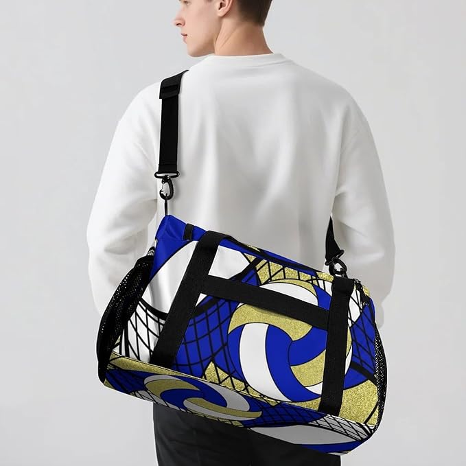Custom Volleyball Deep Blue Gold Duffel Bag with Name Personalized Travel Bags Sport Gym Bag Carry On Weekender Bags for Men Women