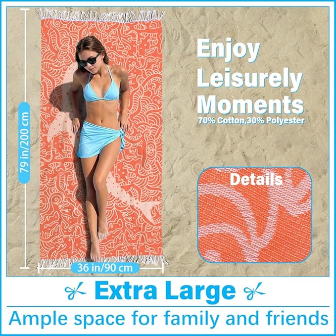Thin Turkish Beach Towel Lightweight Soft Cotton Extra Large XL Oversized Sand Free Sandproof Absorbent Quick Dry Towels Cloud Bath Pool Travel Compact Essentials Accessories for Adult Gifts