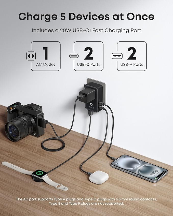 Anker Nano Travel Adapter, 5-Port Power Adapter with 1× 2-Pin AC, 2 USB A, 2 USB C for 20W, Smart Temperature Control, Works in 200+ Countries, Not a Voltage Converter, Travel Essentials (1-Pack)