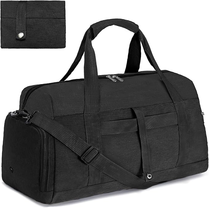 Gym Bags for Women Men with Wet & Shoe Compartment, 40L Foldable Travel Duffle Bag, Lightweight Weekender Overnight Duffel Bag for Traveling Sports Gym (Black)