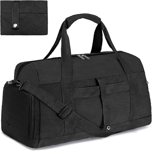 Gym Bags for Women Men with Wet & Shoe Compartment, 40L Foldable Travel Duffle Bag, Lightweight Weekender Overnight Duffel Bag for Traveling Sports Gym (Black)