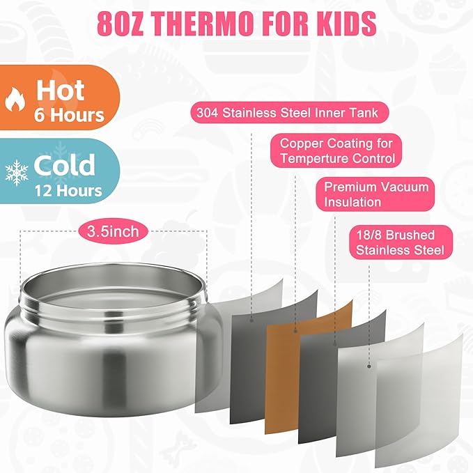 Itslife Bento Lunch Box for Kids with 8oz Soup Thermo&Lunch Bag, Leak-Proof Lunch Food Containers with 4 Compartment, Hot Food Insulated Food Jar for Kids School (Pink&Grey)