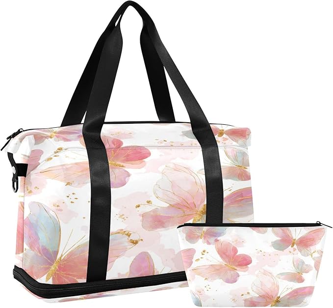 Travel Duffel Bags for Women Pink Butterfly Sports Duffel Bags Gym Bags with Shoes Compartment Tote Bag Weekender Bag for Travelling