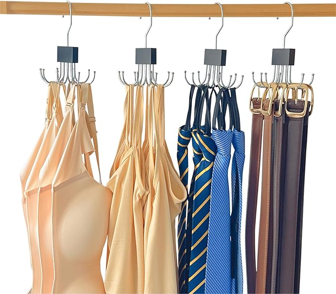 4 Pack Tank Top Hanger,Bra Hanger for Closet Organizer,Wooden Bra Storage Organizer with 8 Rotatable Metal Hooks for Space Saving,Foldable Bras Holder for Belts,Tank Tops,Ties(Black)