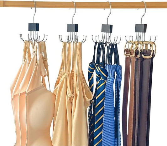 4 Pack Tank Top Hanger,Bra Hanger for Closet Organizer,Wooden Bra Storage Organizer with 8 Rotatable Metal Hooks for Space Saving,Foldable Bras Holder for Belts,Tank Tops,Ties(Black)