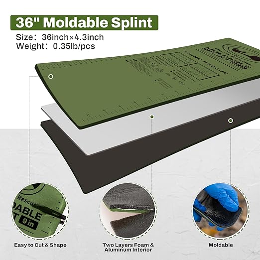 RHINO RESCUE First Aid Splint 36" X 4.3" Green-Gray, Keep Bones in Position (4, Folded)