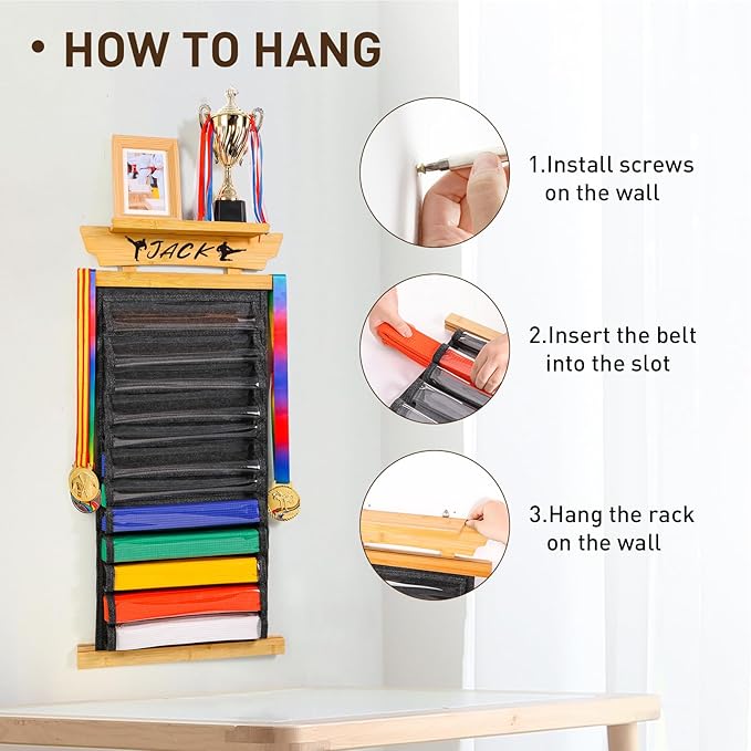 Tilhumt 10/12 Belts Karate Belt Display Rack with Photo Shelf, Felt Taekwondo Belt Display Rack Martial Arts Belt Display for Adults TKD, BJJ