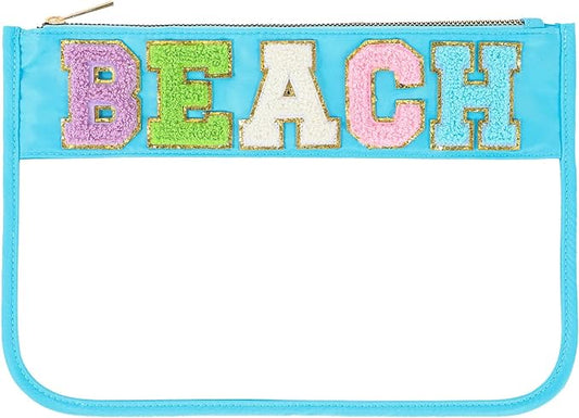 DYSHAYEN Chenille Letter Clear Zipper Pouch for Travel,Nylon Clear Cosmetic Bag,Makeup Travel Bag for Women Girls 11.8 Inches x 8.2 Inches