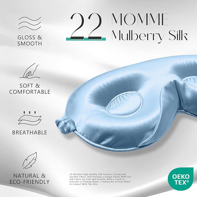 ZIMASILK Adjustable 22 Momme 100% Mulberry Silk Sleep Mask, Upgraded 3D Contoured Cup Eye Mask for Sleeping, Super Soft & Breathable Blindfold, Blackout for Deep Sleeping (Sky Blue)