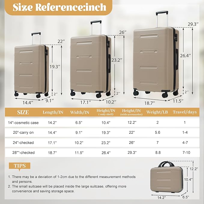 Merax Luggage Set 6 Piece,Lightweight Hardshell Suitcase with Double Spinner Wheels Handle Password Lock,14 IN Cosmetic Case 20/24/28 IN Luggages with Duffel Bag and Toiletry Bag,Khaki