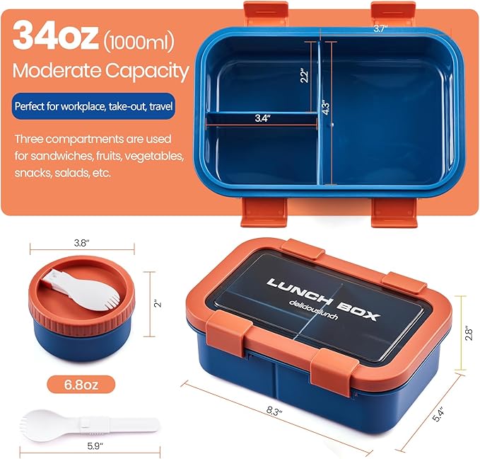 34OZ Bento lunch box, 3-Compartment Leak-Proof Adult Bento Box, Compact Microwave Safe To Go Food Containers with Sauce Soup Jar for Sandwich，Salad, Workplace and Travel