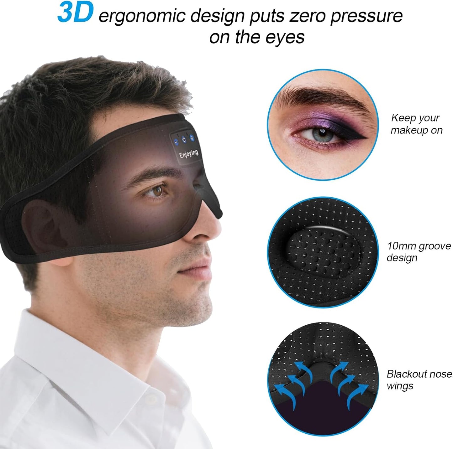 Sleep Headphones, Sleep Mask Bluetooth Wireless Music Eye Mask, Sleeping Mask for Side Sleepers Sleep Mask with 3D Bluetooth Headphones Ultra-Thin Stereo Speakers Perfect for Sleeping (Black)