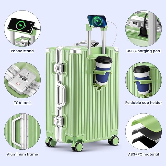 Zipperless Suitcase, 28 Inch Checked Luggage, Hardshell Aluminum Frame Polycarbonate Luggage with Phone Holder, Cup Holder, Charging Port, TSA Lock, Spinner Wheels for Vacations, Fruit Green