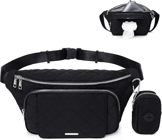 MYHOZEE Small Diaper Bag Fanny Pack - Baby Bag with Waterproof Changing Pad and Wipes Dispenser Quilted Nylon Crossbody Bags for Mom Baby Compact Diaper Purse Cross Body Purses