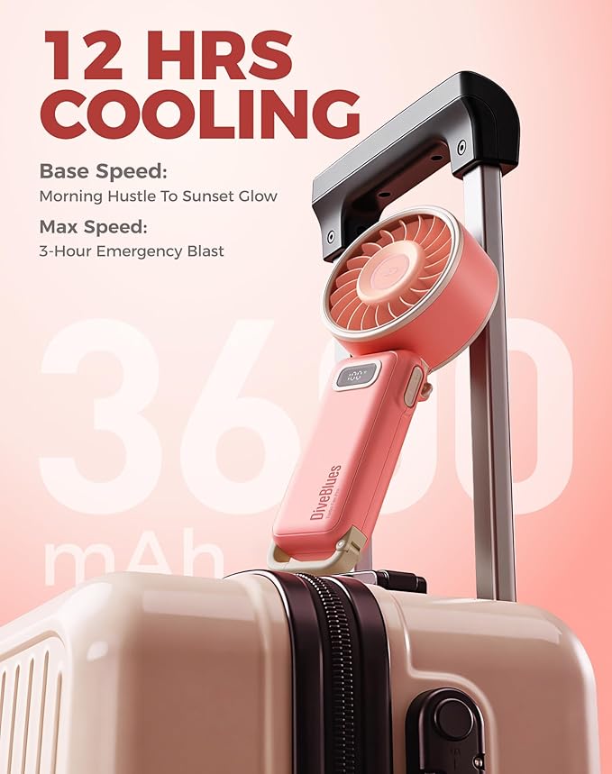 Diveblues Portable Turbo Fan, 7.4m/s High Speed Handheld Fan, 180° Foldable 4-in-1 Personal Neck Fan with Carabiner Clip, 100 Speed Stepless Control, USB-C Rechargeable for Travel, Makeup Hot Flashes