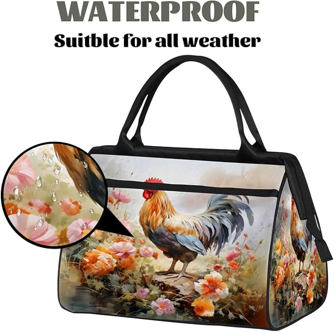 Multipurpose Duffle Bag, Waterproof Carry On Bag with Spacious Design, Watercolor Rooster Gym Bags, 15.2x8.3x11.6in