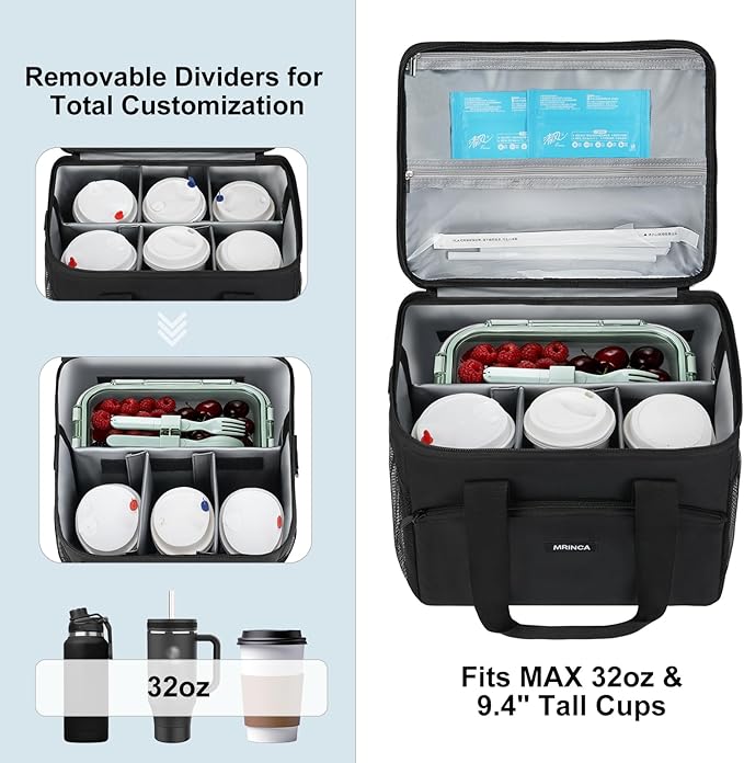 Insulated 6 Cup Drink Carrier Bag for Delivery, Reusable & Leak-Proof Tote with Adjustable Dividers & Detachable Shoulder Strap, for Travel, Takeout, Outdoor Activities