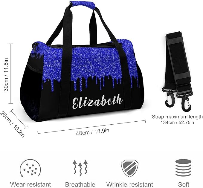 Handheld Crossbody Multifunctional Travel Bags, Personalized Duffle Bags, Sparkle Navy Blue Glitter Print Luggage Bag, Custom Name Weekender Overnight Bags