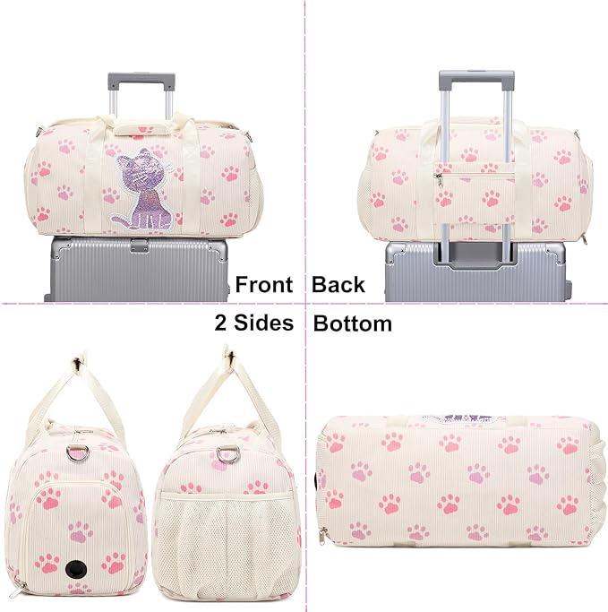 Dance Bag for Girls Sports Duffle Gym Ballet Weekender Overnight Bags with Separate Dry Wet Pocket and Shoes Compartment for Teen Girls Corduroy Sequined Cat（Cat Beige）