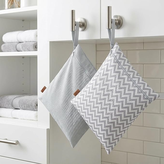 Hamur Wet Bag Set – 2 Pack Reusable Waterproof & Mess-Proof Bags (1 Large 12.6×14.6 in) | Washable at 40 °C, Lightweight Storage for Baby, Travel & Gym Essentials(Zigzag -Gray)