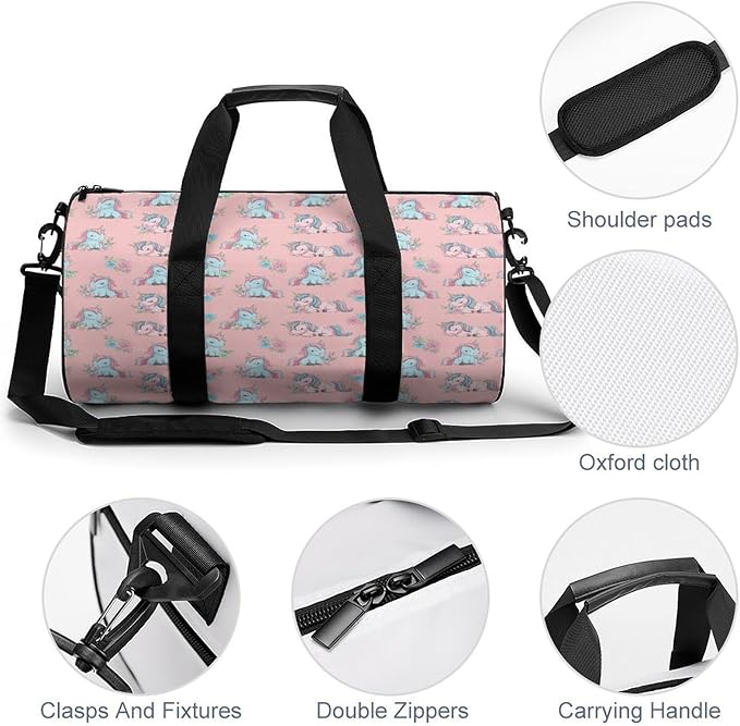 Foldable Gym Bag Pink Cute Unicorns Lightweight Travel Sports Bag Carry On Weekender Overnight Bags Beach Yoga Bags