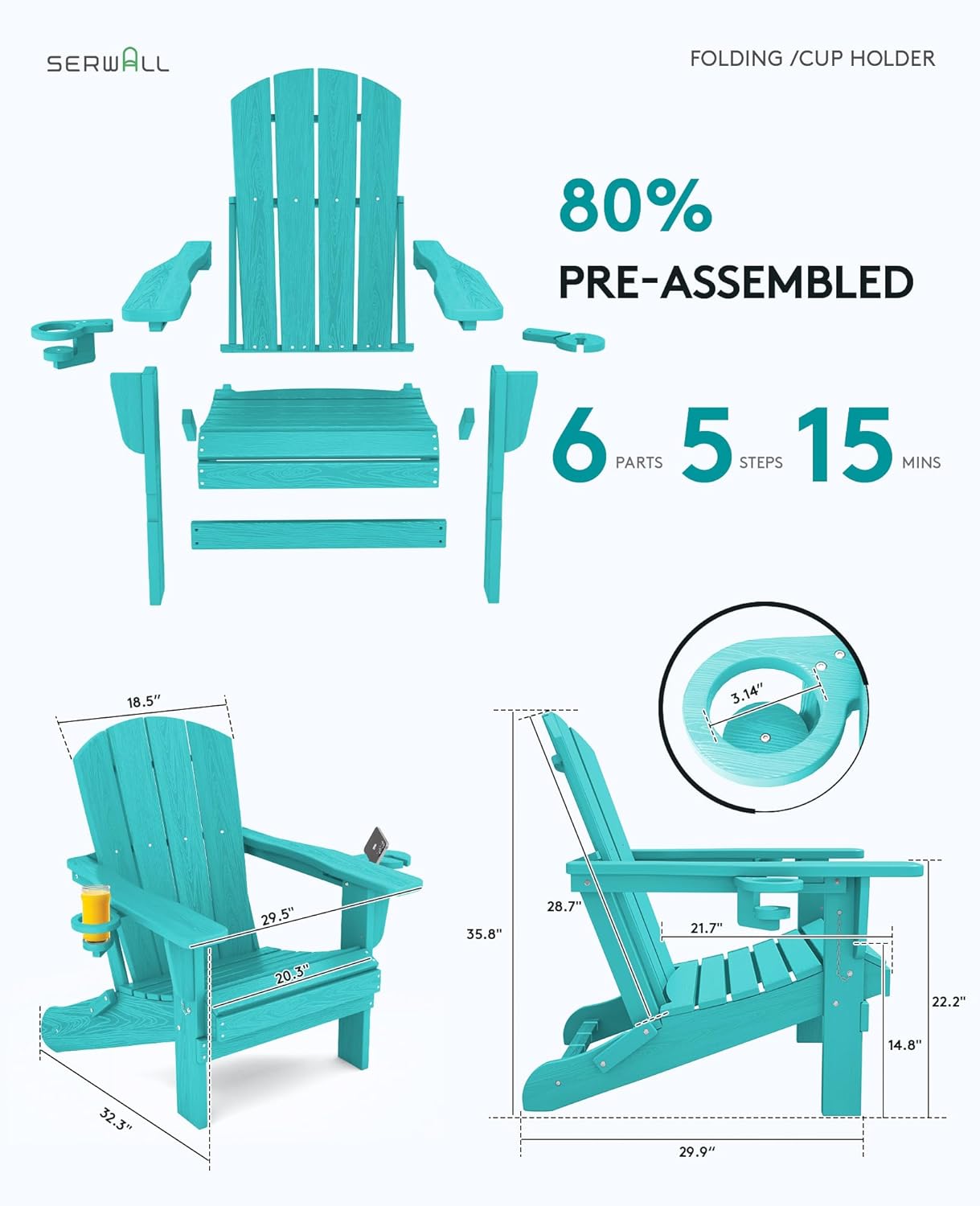 SERWALL Adirondack Chair with Cup Holders - Composite Adirondack Chairs Set of 2 HDPE Outdoor Chairs All Weather Use- Aruba