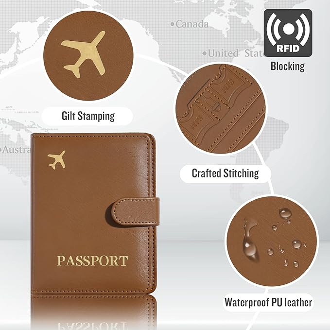 Passport Holder with Airtag Slot Cards Cash Air Ticket Pocket, Travle Gifts for Women Men RFID Blocking Wallet, Passport Book Cover Case Brown