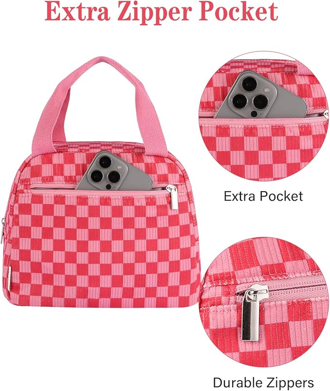 Cute Lunch Box Tote Bag - Corduroy Insulated Cooler Bags for Women - Lightweight Reusable Portable Soft Lunch Pail Kit for Kids Teen Girl Adults Work School Picnic Travel Checkered Pink 8L