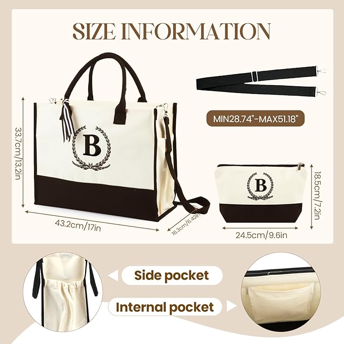 Personalized Canvas Tote Bag for Women Makeup Pouch Initial Beach Bag Removable Bottom Board for Travel Birthday