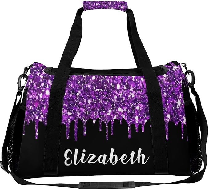 Purple Sparkle Sequin Print Duffle Bag for Men Women, Personalized Custom Name Text Crossbody Bags, Travel Sport Gym Perform Training Gym Bag