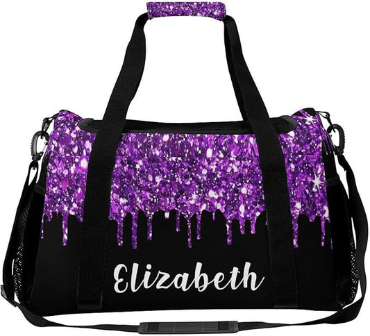 Purple Sparkle Sequin Print Duffle Bag for Men Women, Personalized Custom Name Text Crossbody Bags, Travel Sport Gym Perform Training Gym Bag