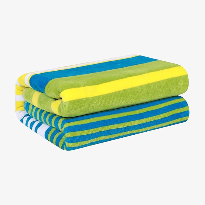 Superior Cotton Beach Towel, Absorbent Oversized Towel for Swimming Pool, Camping, Bathroom, Shower, Large, Quick Drying, Adults, Kids, Colorful, Mira Striped Collection, 68" x 34", Yellow-Green