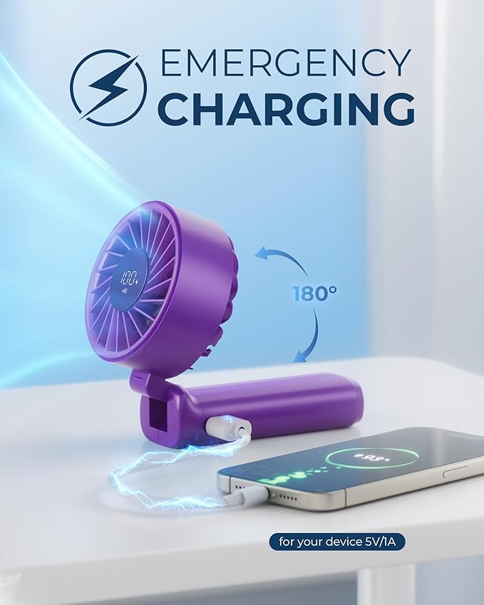 Portable Handheld Fan, 4000mAh, USB Rechargeable 180° Foldable Mini Desk Fan, 6 Wind Speed, LCD Digital Display, Lanyard as Neck Fan, Ultra Quiet, Pocket Size for Indoor Outdoor