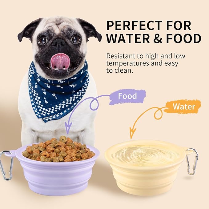 Collapsible Dog Bowls 2-Pack, Portable Travel Dog Bowl with Carabiner, Food-Grade Silicone Pet Bowl for Hiking, Walking (Macaron Yellow and Violet)