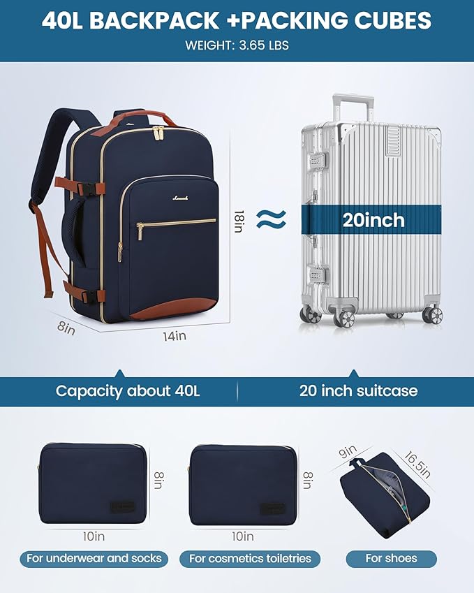 LOVEVOOK Travel Backpack for Women & Men 40L,Airline Approved Carry On Backpack Travel Essentials,TSA Carry on Luggage,Waterproof Personal Item Travel Bag,Suitcase with 3 Packing Cubes,Dark blue-Brown