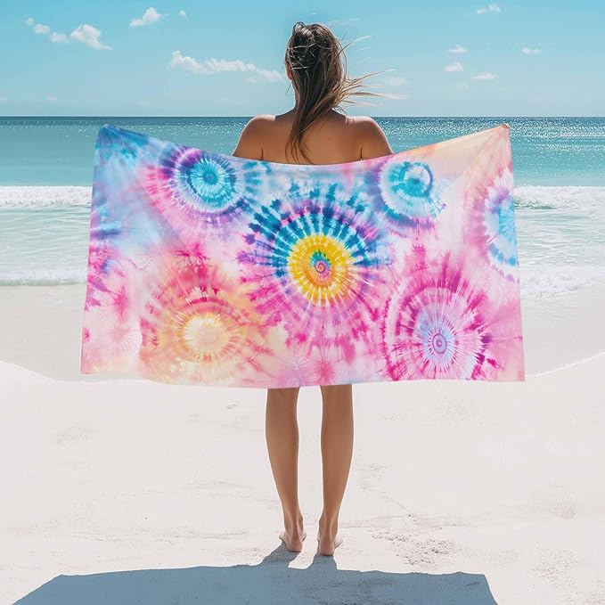 Abstract Tie-Dye Art Beach Towel 35" x 71" Pink Teal Gradient Watercolor Quick Dry Sand Free Pool Towels Soft & Absorbent Compact Towels Beach Accessories for Travel Bathroom Swimming Pool