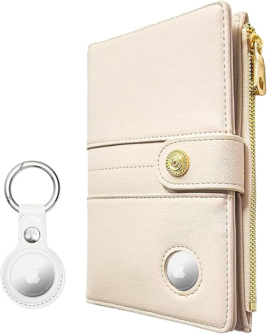elzama Passport Holder with Airtag Slot for Travel Women, RFID Passport Wallet with Airtag Holder, Zipper Pocket Card Slots Pen Holder & Airtags Keychain (Air tag Not Included) Ivory