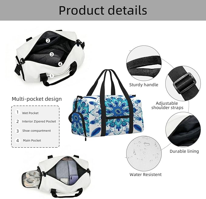 Sports Gym Bag Blue Turquoise Ethnic Mandala Travel Duffel Bag With Shoe Compartment Shoulder Strap, Lightweight Water-Resistant Weekend Overnight Totes For Women Men