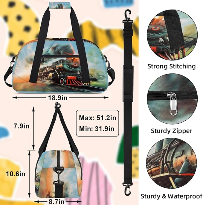 Travel Duffle Bag, Vintage Steam Train Waterproof Weekender Overnight Bags for Women Men Lightweight Carry on Duffle Gym Bag for Travel, Sports, Fitness, Workout