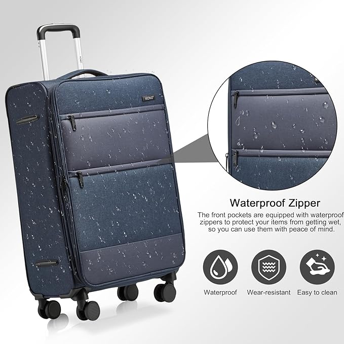 Kono 24 Inch Softside Expandable Checked Luggage with 8 Spinner Wheels TSA Lock Softshell Lightweight Business Travel Suitcase for Men and Women, Navy Blue