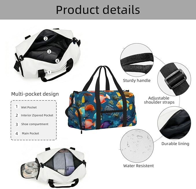 Submarine reef fish Print Gym Bag with Shoe Compartment for Women Men, 17.7in Sports Duffle Weekender Tote, Overnight Travel Duffel Bag Carry On
