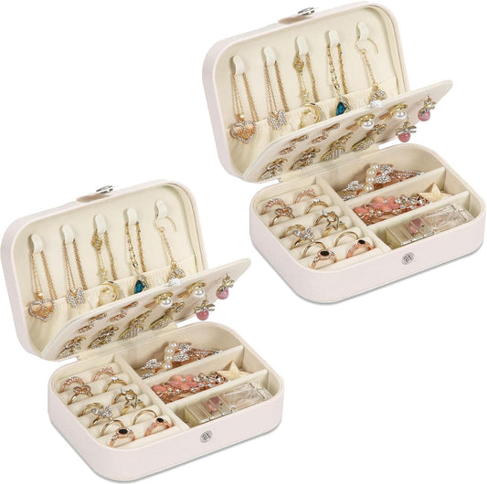 Travel Jewelry Box, PU leather Small Jewelry Organizer For Female Girls, double layer portable mini travel case for storing earrings, rings, necklaces.(white 2pcs)