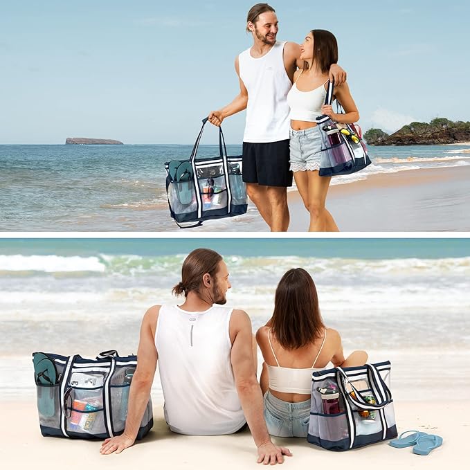 Vulken 42L Extra Large Mesh Beach Bag. 9 Pockets Top Zip Tote Bag Shoulder Bag