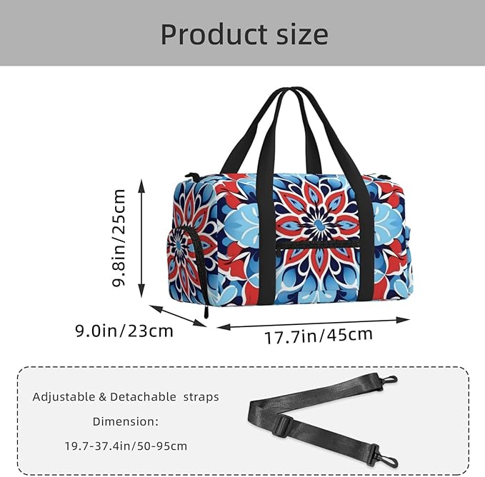 Sports Gym Bag Blue Red Mandala Ethnic Floral Travel Duffel Bag With Shoe Compartment Shoulder Strap, Lightweight Water-Resistant Weekend Overnight Totes For Women Men