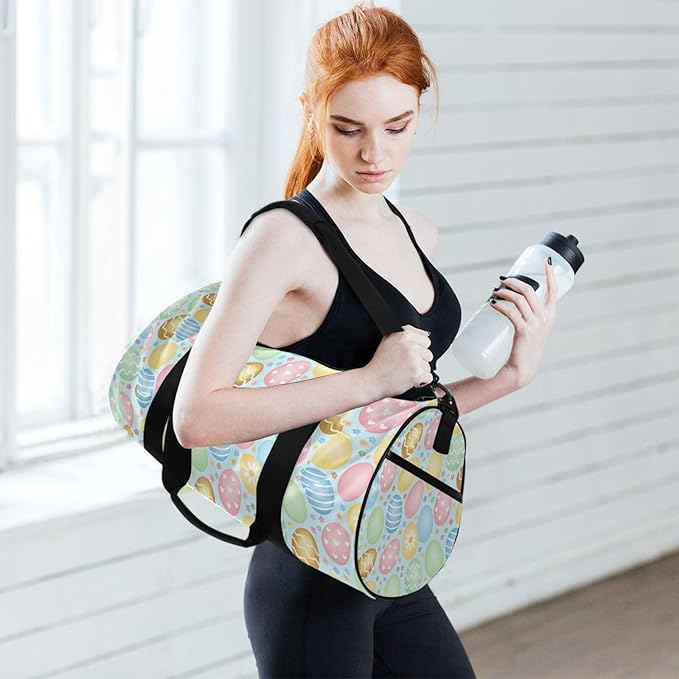 Sports Duffel Bag Easter Eggs Gym Bags for Women Men Round Travel Weekender Overnight Duffel Bag Light Blue