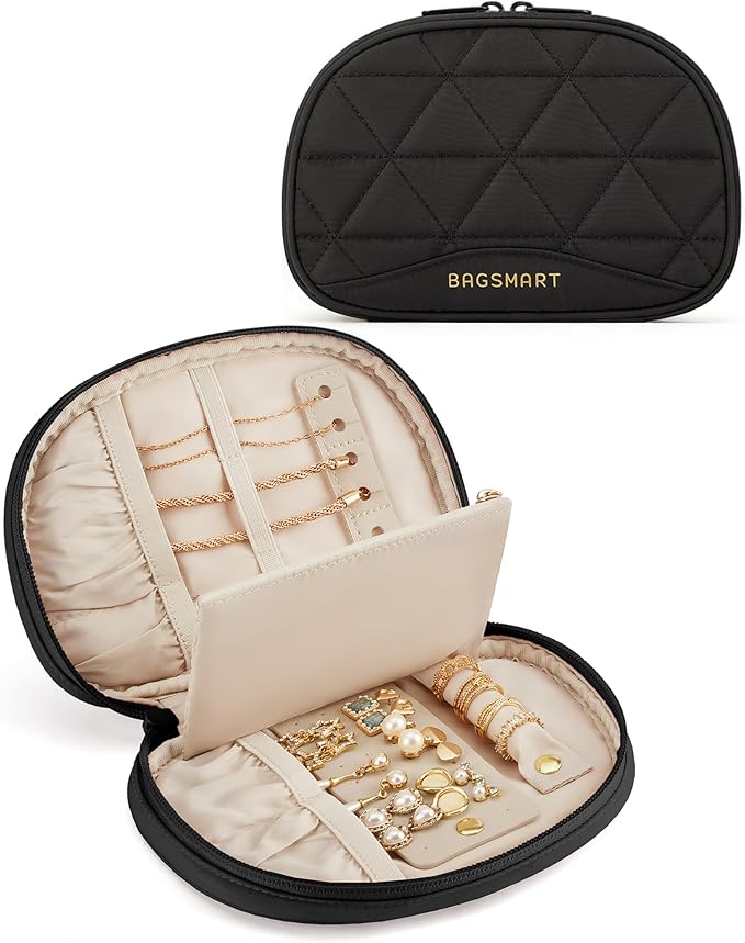 BAGSMART Travel Jewelry Case Jewelry Organizer Storage Roll Rings Necklaces Earrings Bracelets Brooches Watch Small Portable Black