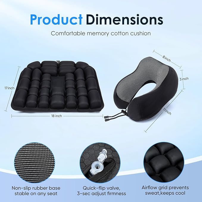 Travel mat - Inflatable Bubble Design, Used for car/Office/Airplane seat Cushion, Equipped with Storage Bags. Ergonomically Designed 3D Inflatable airbag, Including Neck Pillow kit (U-Shaped)