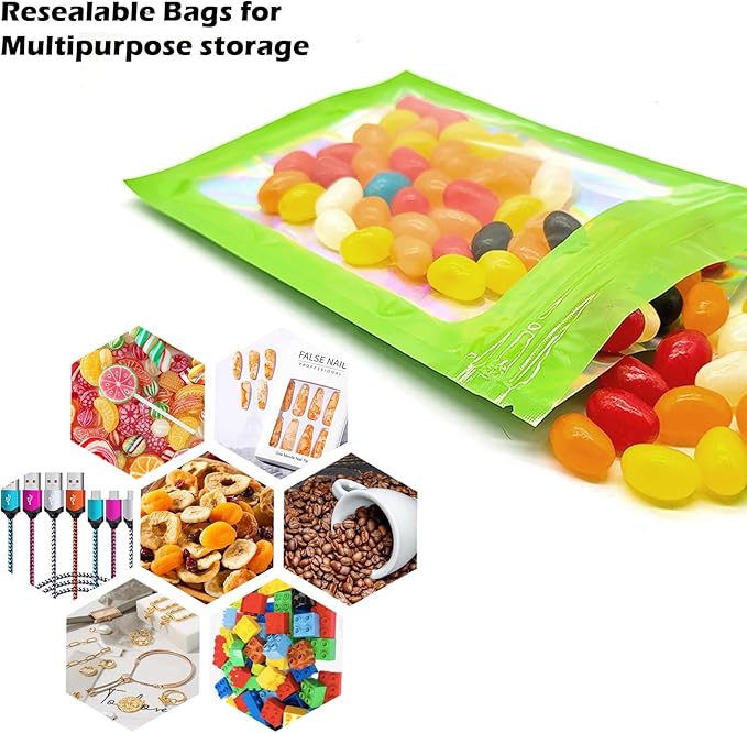 300 Pcs Holographic Mylar Bags, 3 Size Smell Proof Bags with Clear Window Foil Pouch Bags Resealable Bags for Small Business and Food Storage, Green