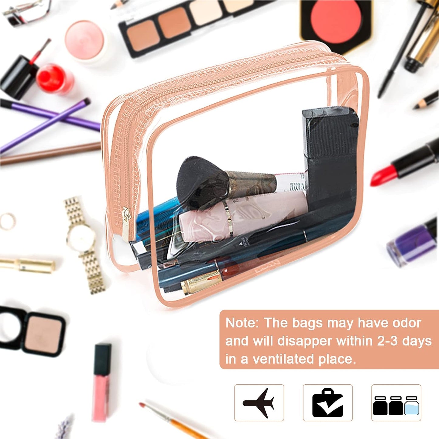 APREUTY Clear Makeup Bags, TSA Approved 6 Pcs Cosmetic Makeup Bags Set Clear PVC with Zipper Handle Portable Travel Luggage Pouch Airport Airline Vacation Organization (Pink)